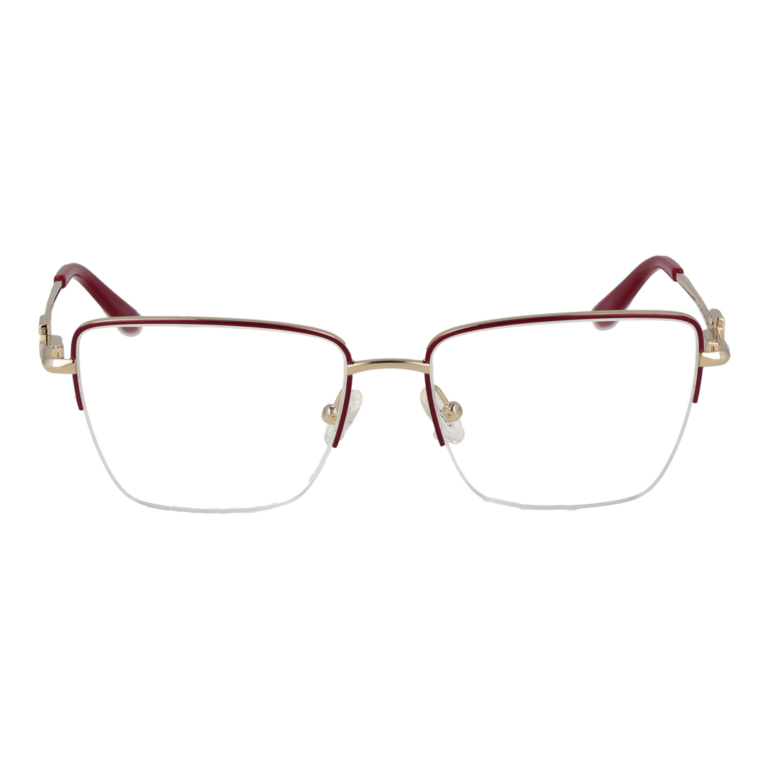 Gold metal semi-rimless rectangular eyeglasses with red top rim and decorative hinge detail on white