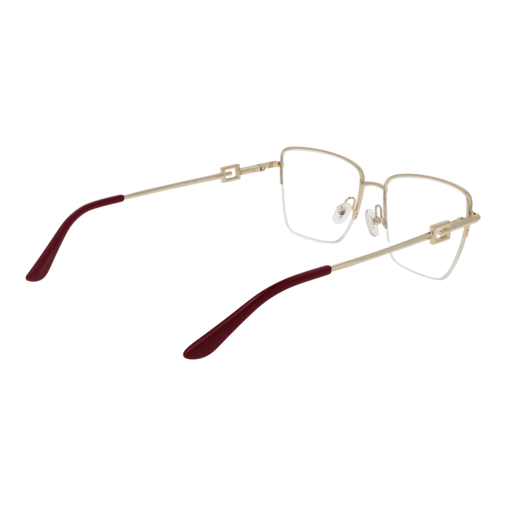 Gold metal semi-rimless rectangular eyeglasses with red top rim and decorative hinge detail on white