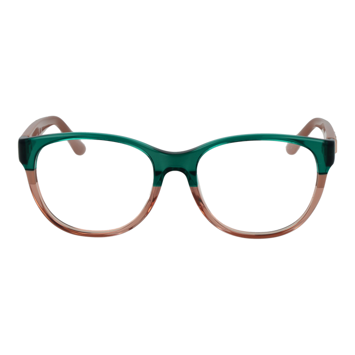 Green and brown two-tone cat-eye eyeglasses in plastic with metal logo on temples, front three-quarter view