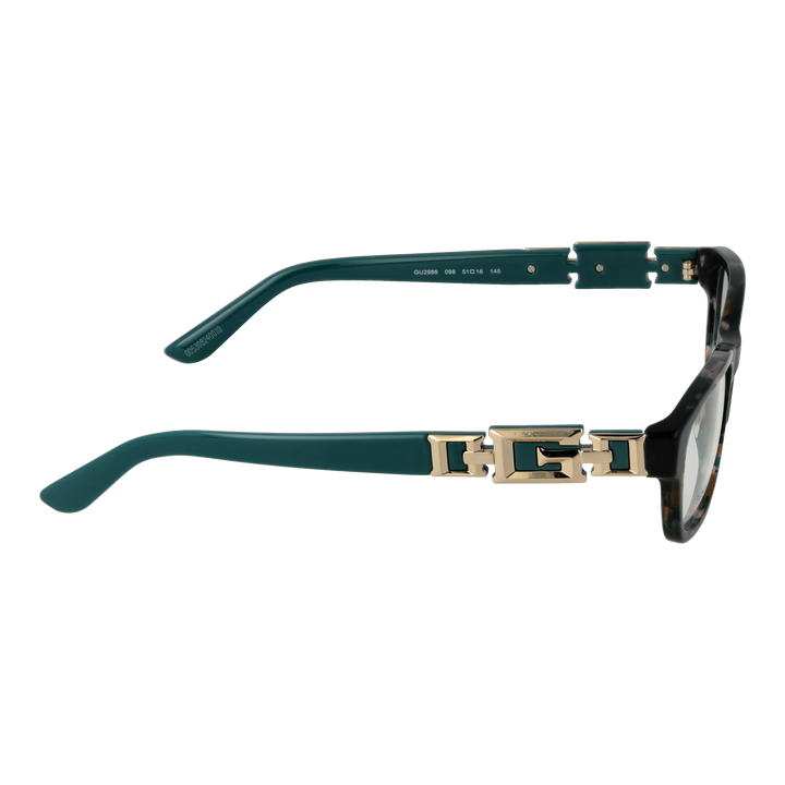 Black rectangular eyeglasses for Women with green-tinted lenses and gold logo temples, plastic full-rim frame