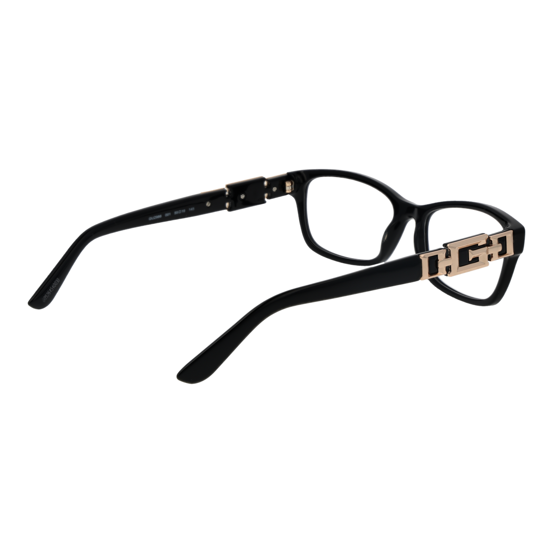 Black plastic rectangular eyeglasses for Women with gold decorative hinge detail, modern full-rim profile