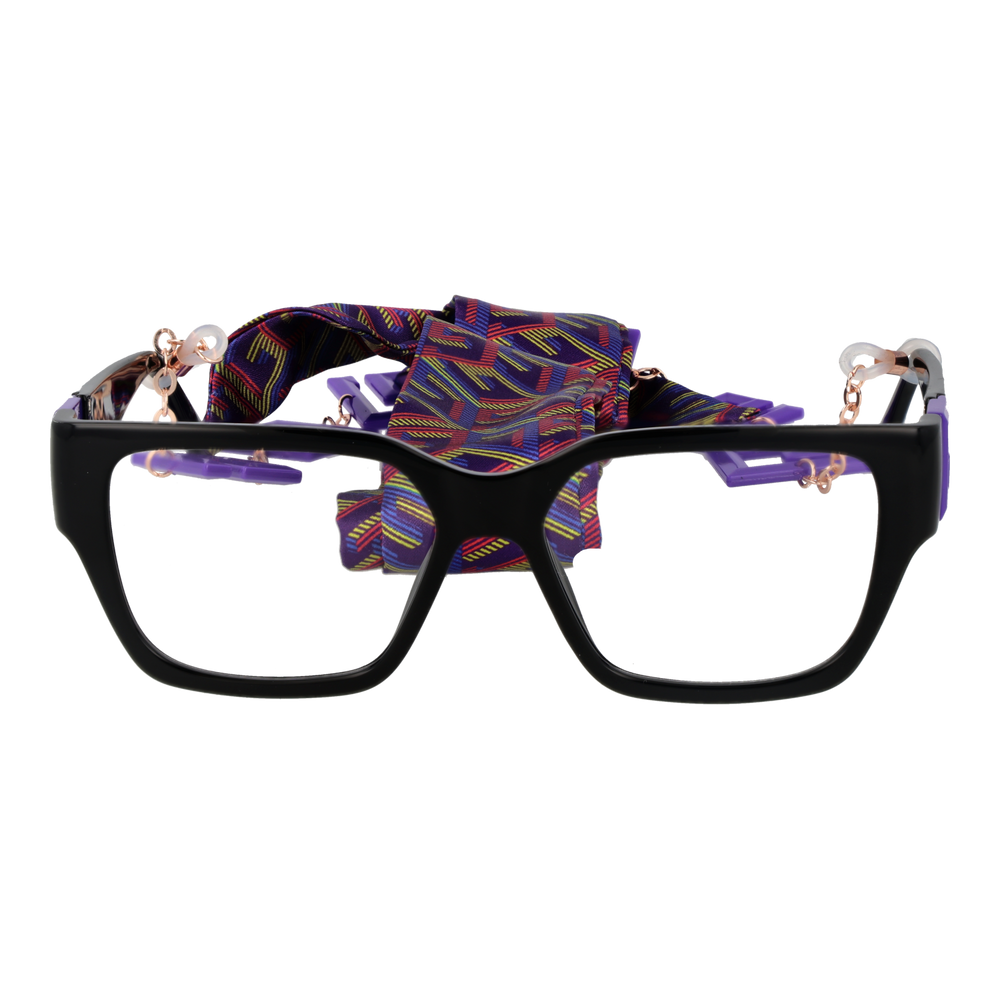 Black square plastic eyeglasses with purple multicolor fabric strap and metal charm chain on a neutral background.