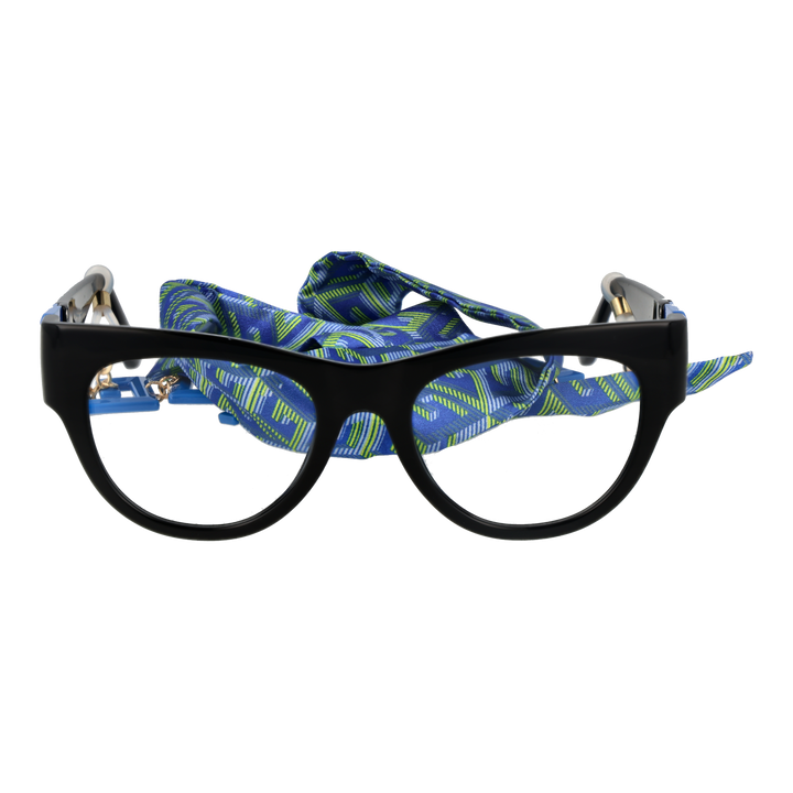 Black, blue, and green retro cat-eye eyeglasses with decorative blue &