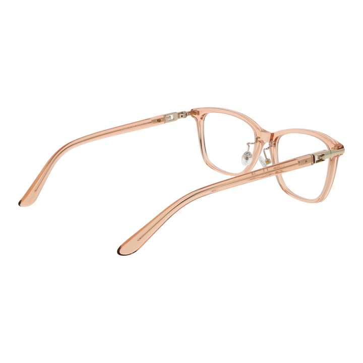 Light brown transparent rectangular eyeglasses in plastic and metal with adjustable nose pads on neutral background