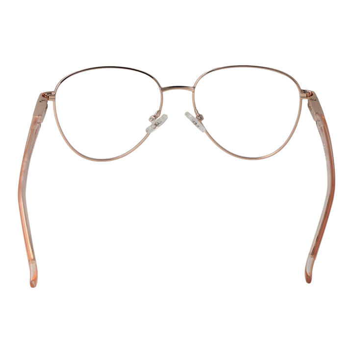 Rose gold round metal eyeglasses with thin rims and transparent temple tips on white background
