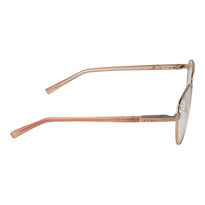 Rose gold round metal eyeglasses with thin rims and transparent temple tips on white background
