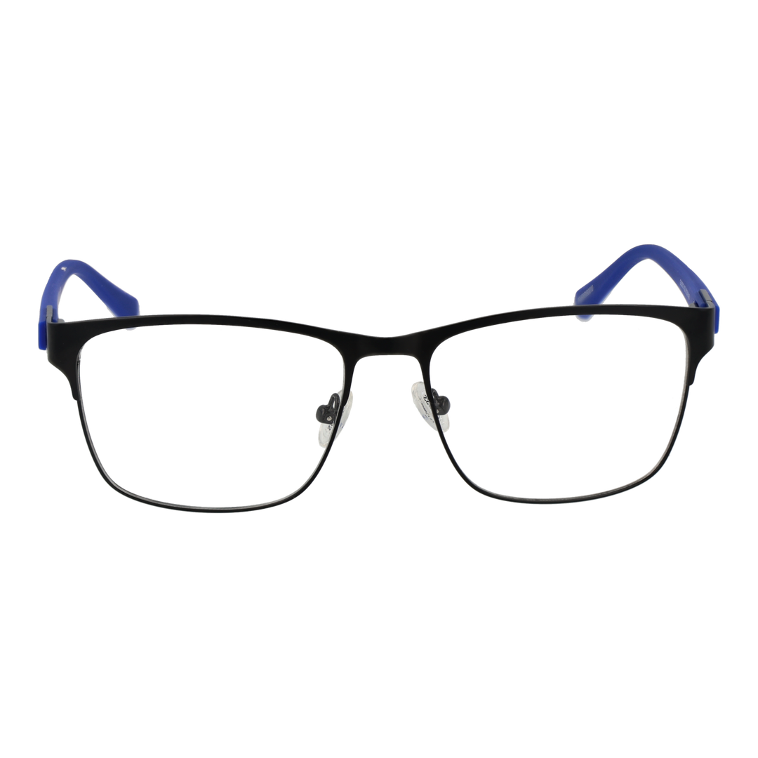 Unisex black and blue rectangular full-rim eyeglasses with thin metal frame and nose pads on white background