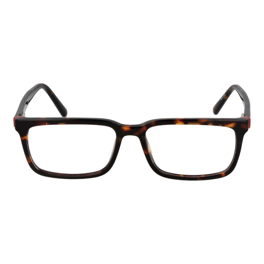 Unisex tortoiseshell rectangular eyeglasses in brown and black pattern, gold logo on temples, full-rim plastic frame.