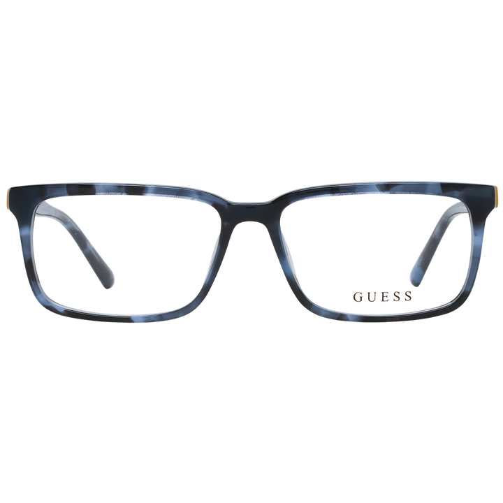 Unisex black and gray tortoiseshell full-rim rectangular eyeglasses with small yellow temple accent, logo on temple