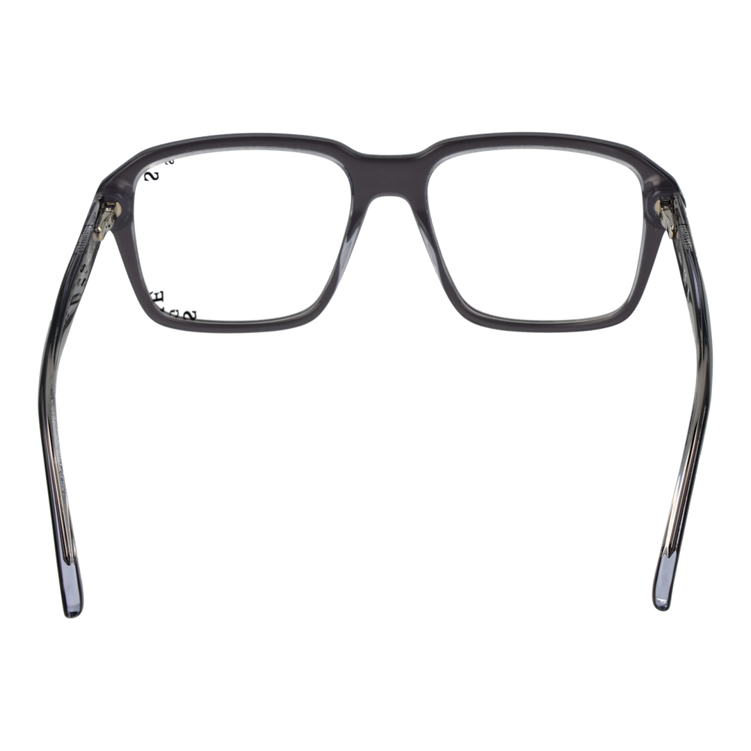 Unisex transparent plastic full-rim rectangular eyeglasses in gray, modern slender temples on neutral background