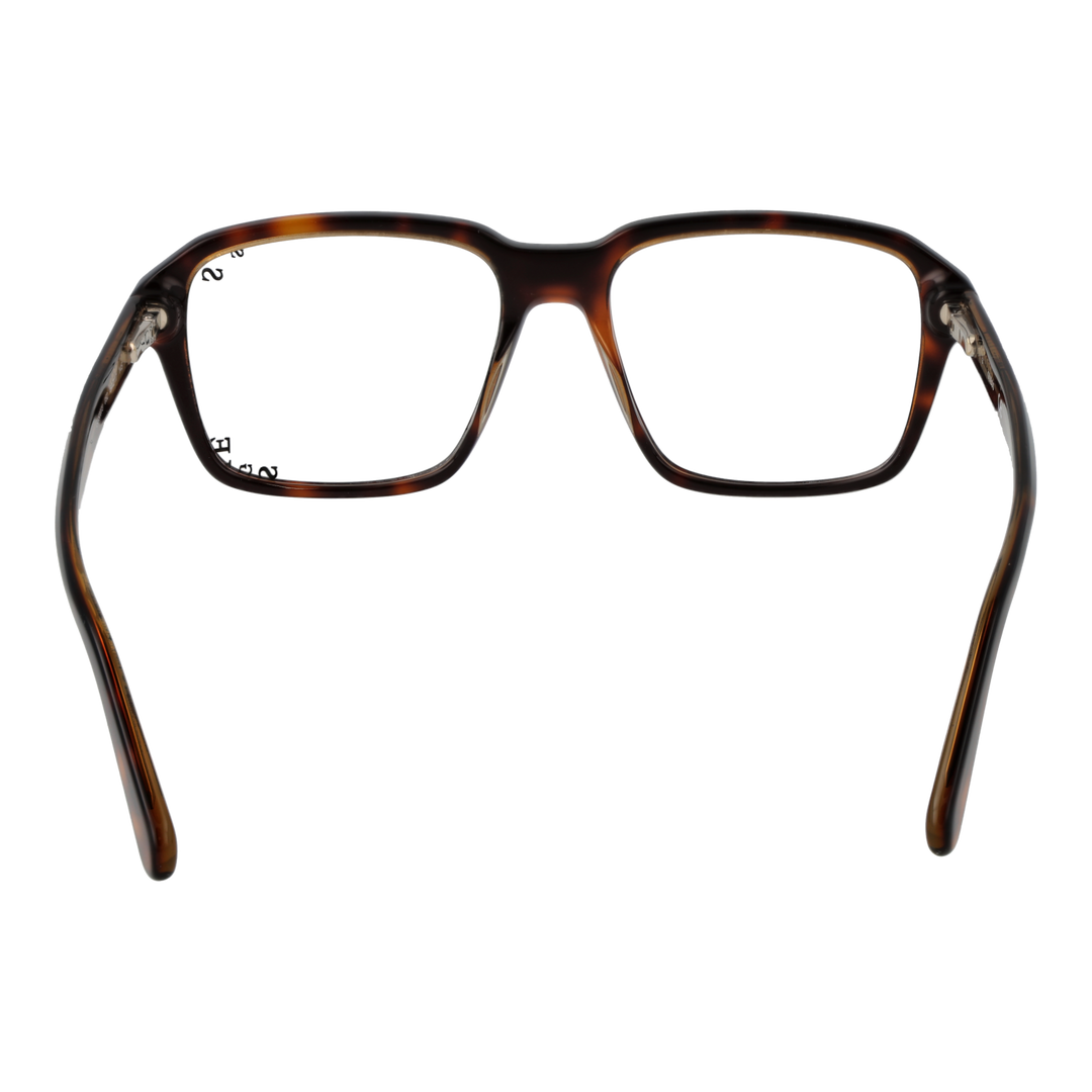 Unisex tortoiseshell rectangular full-rim eyeglasses in warm brown tones on neutral background, three-quarter view.