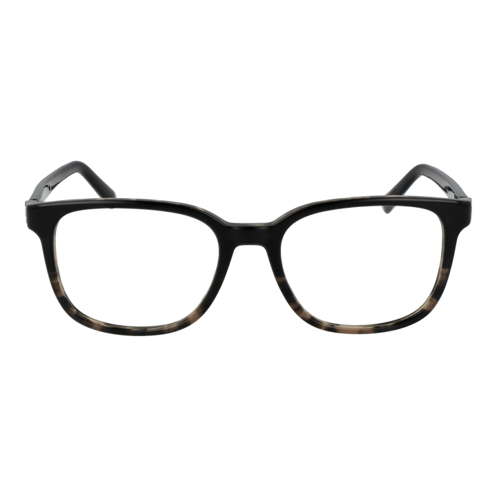 Unisex rectangular tortoiseshell full-rim plastic eyeglasses with visible brand logo on temple