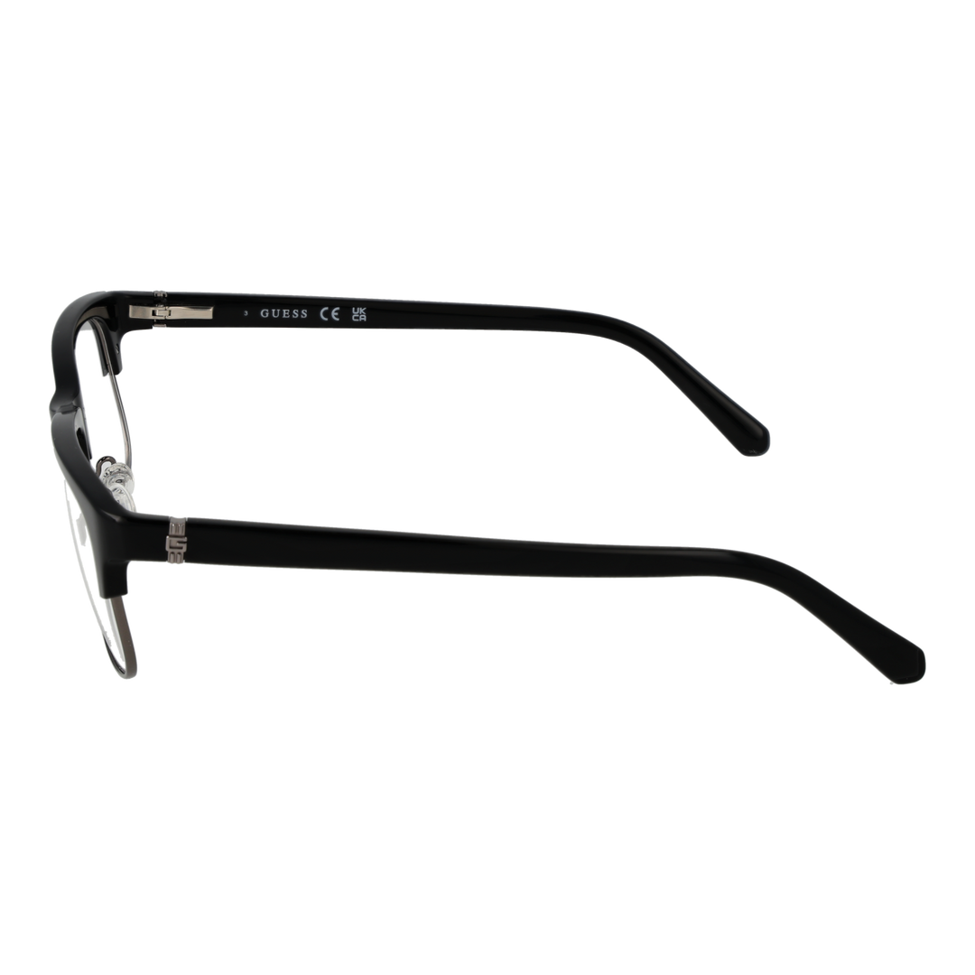 Black and silver semi-rimless eyeglasses with rectangular lenses, plastic upper frame and metal lower rim