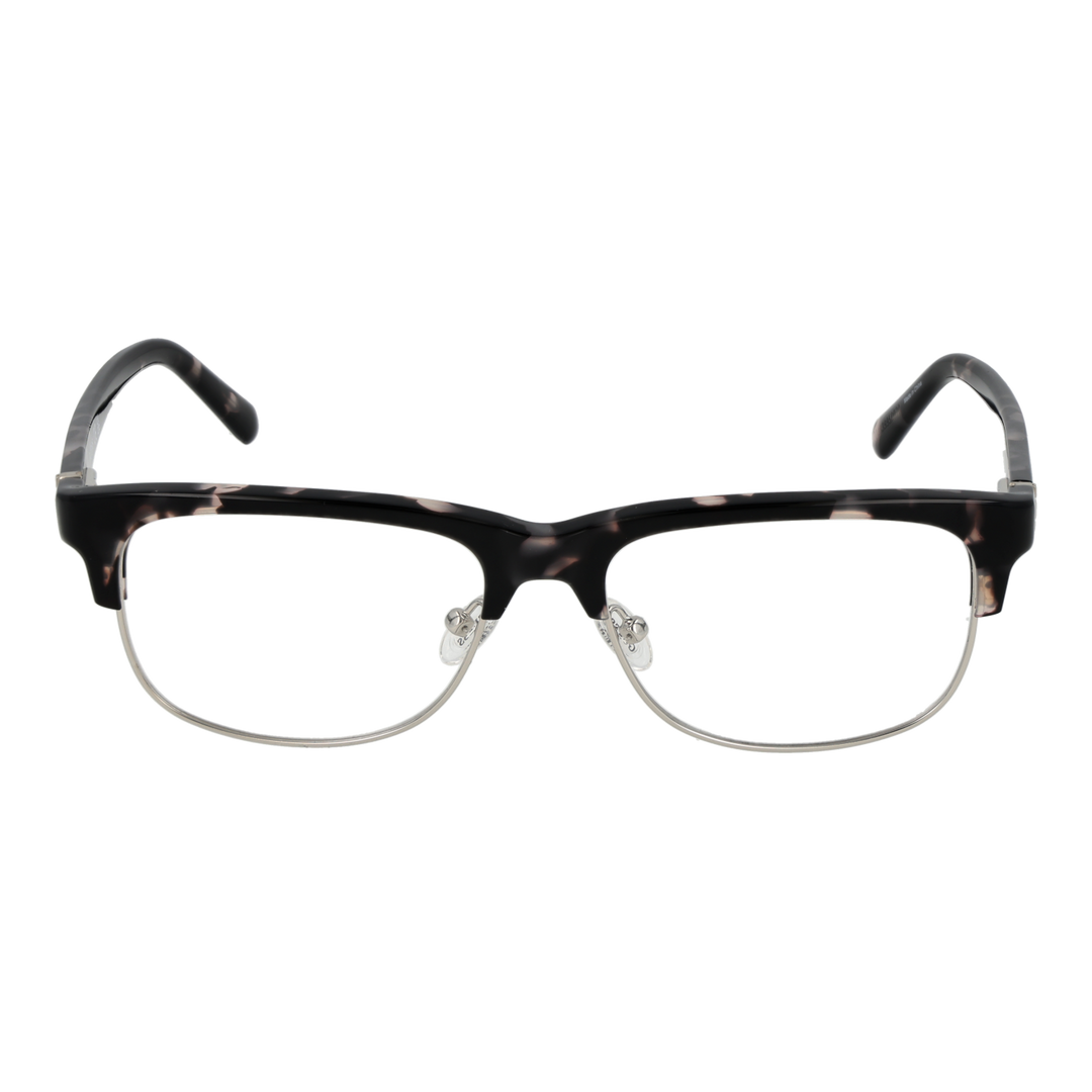 Unisex black and beige tortoiseshell semi-rim eyeglasses with rectangular lenses and metal nose pads