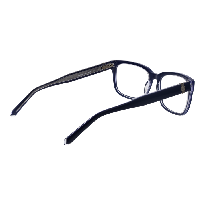Dark blue full-rim rectangular eyeglasses in plastic with metal logo on temples, Unisex modern design