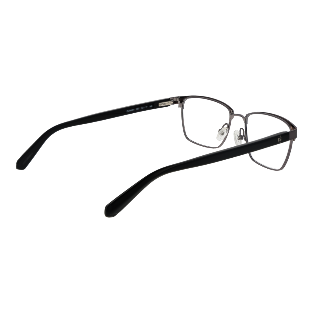 Unisex thin metal rectangular eyeglasses in black and dark gray with nose pads and plastic temple tips