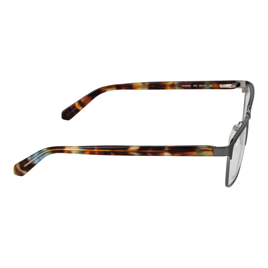 Unisex semi-rimless eyeglasses in gunmetal front with tortoiseshell patterned plastic temples, rectangular lenses, nose pads