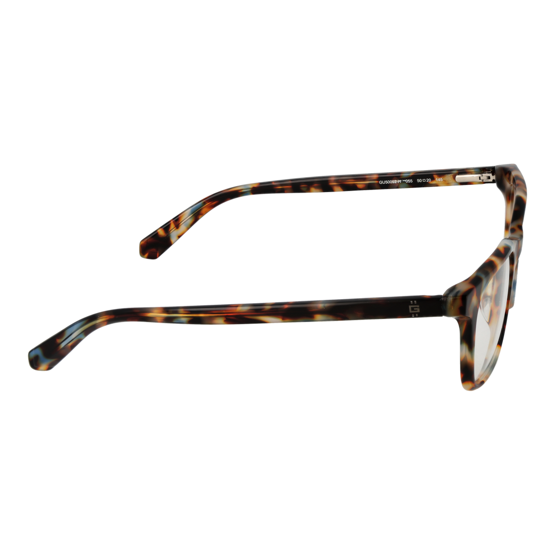 Unisex tortoiseshell rectangular full-rim eyeglasses in brown, black, and beige with curved temples