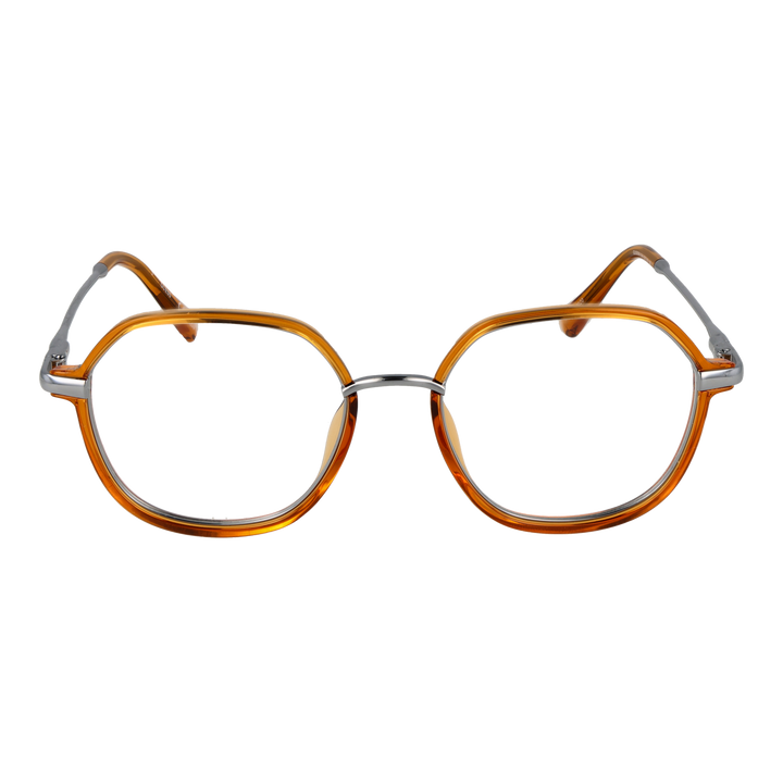 Unisex amber round eyeglasses with plastic front and thin silver metal temples on neutral background