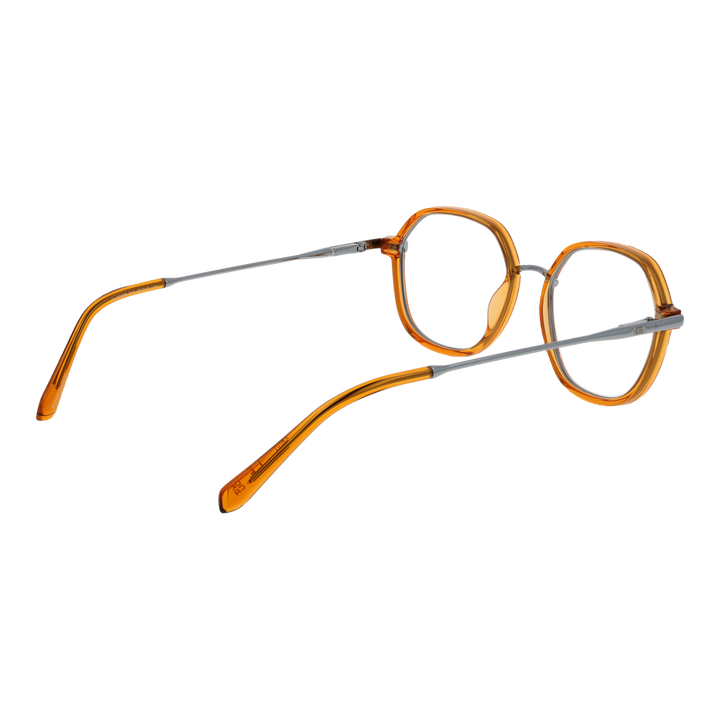 Unisex amber round eyeglasses with plastic front and thin silver metal temples on neutral background