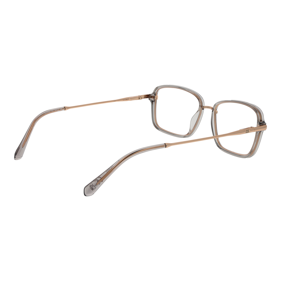 Transparent rectangular eyeglasses with clear front and thin gold metal temples on white background