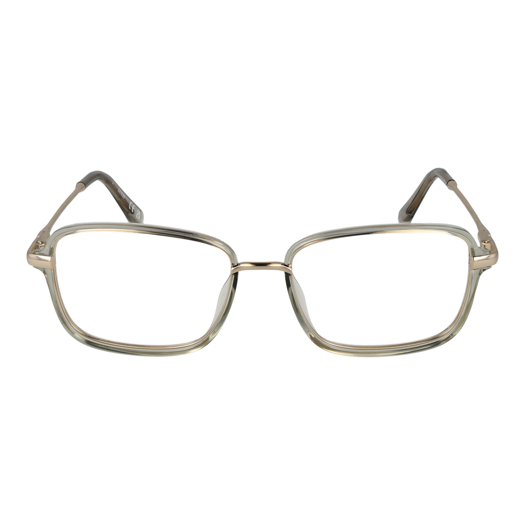 Unisex transparent beige rectangular eyeglasses with thin gold metal temples and plastic temple tips on white background