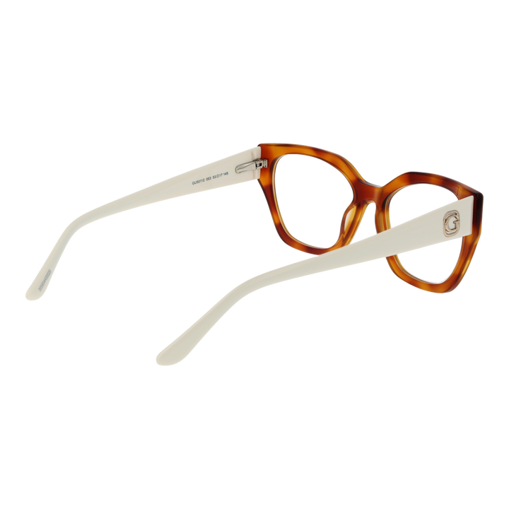 Brown-and-white retro cat-eye eyeglasses in plastic with clear lenses and logo on temple, front-quarter view