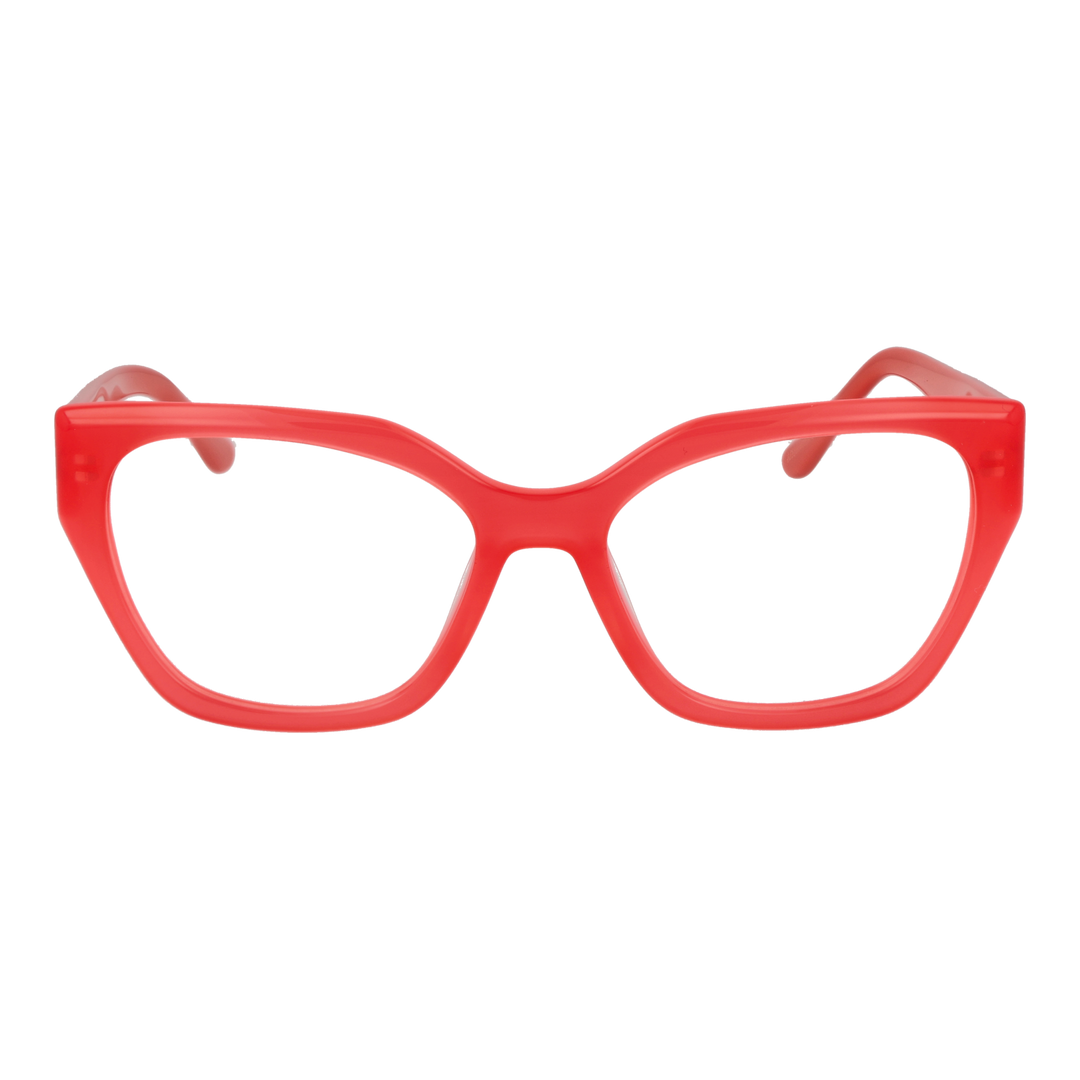 Red thick plastic square eyeglasses for Women with logo detail on temple, modern design, clear lenses