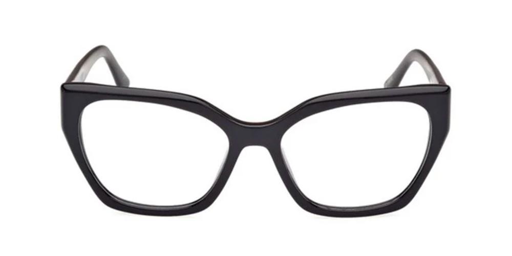 Black plastic cat-eye eyeglasses for Women, clear lenses and logo-decorated temples, modern fashionable look