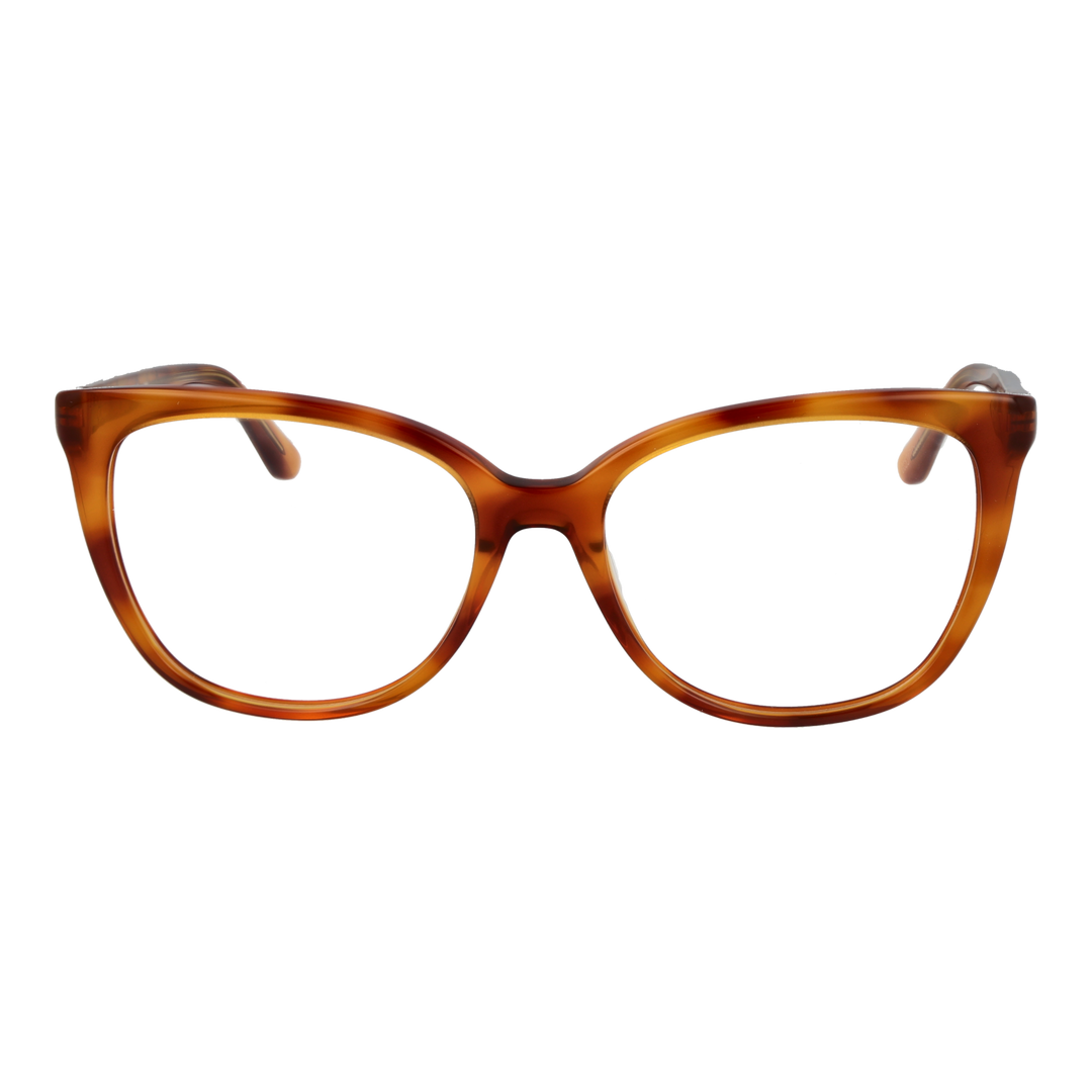 Tortoise brown cat-eye eyeglasses for Women with decorative gold symbols on temples, plastic frame