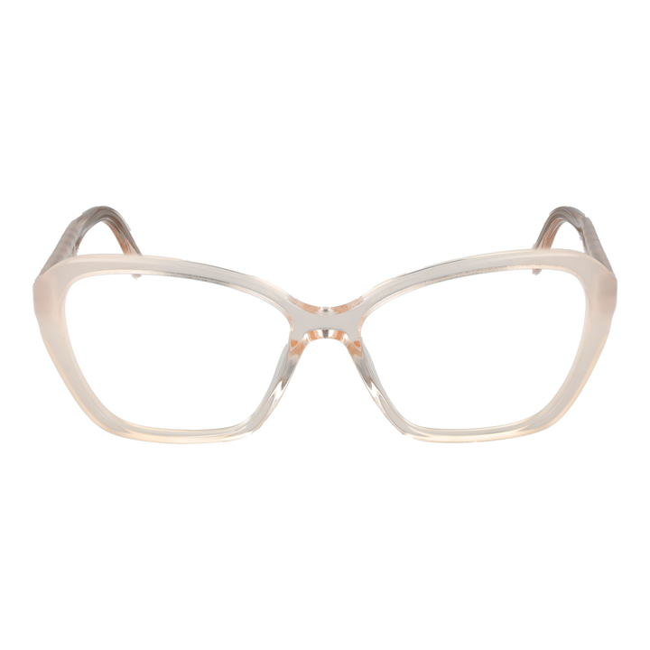 Translucent beige cat-eye eyeglasses in plastic with gold decorative symbols on temples