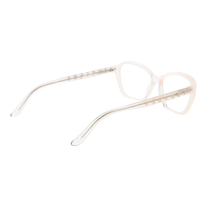 Translucent beige cat-eye eyeglasses in plastic with gold decorative symbols on temples