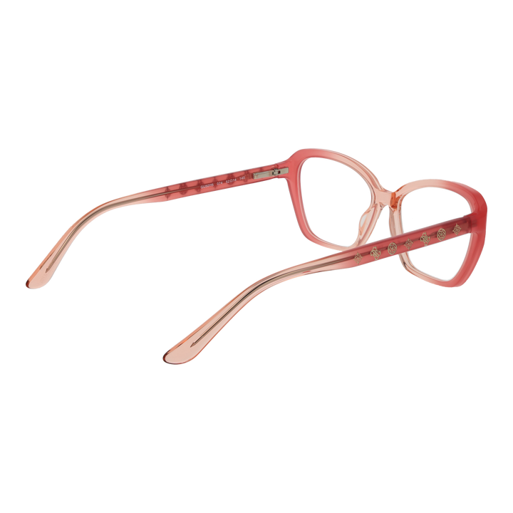 Pink gradient cat-eye eyeglasses in plastic with gold temple symbols on a clean white background