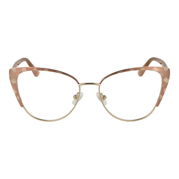 Brown patterned cat-eye eyeglasses with gold temples and clear nose pads on white background