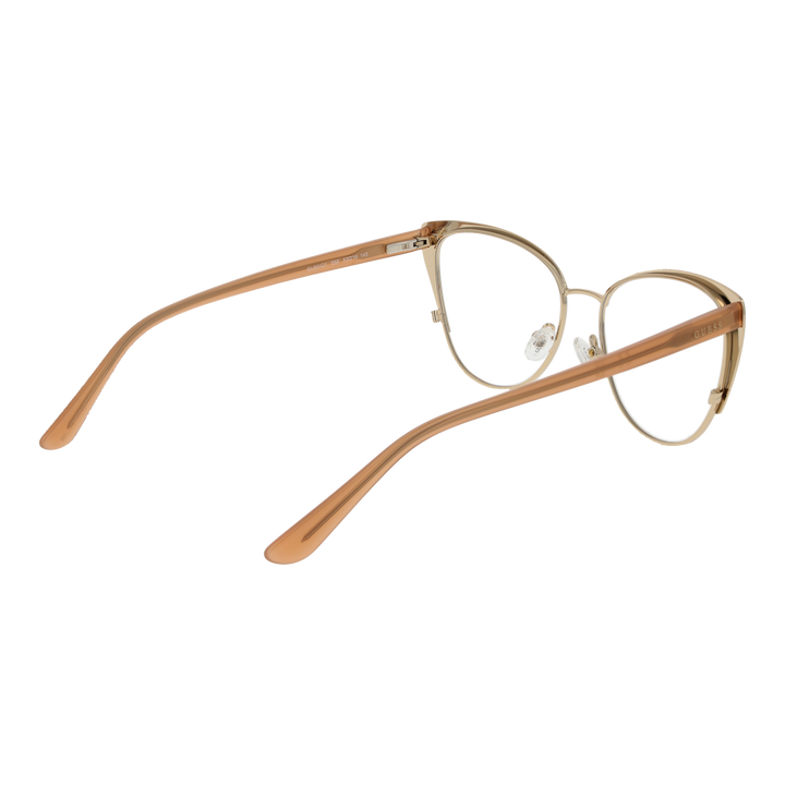 Brown patterned cat-eye eyeglasses with gold temples and clear nose pads on white background