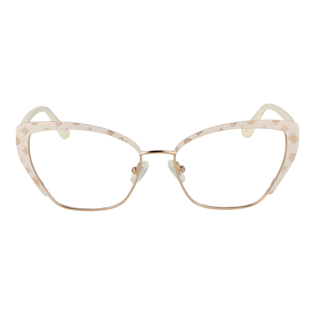Beige patterned cat-eye eyeglasses with gold temples and contoured nose pads on white background