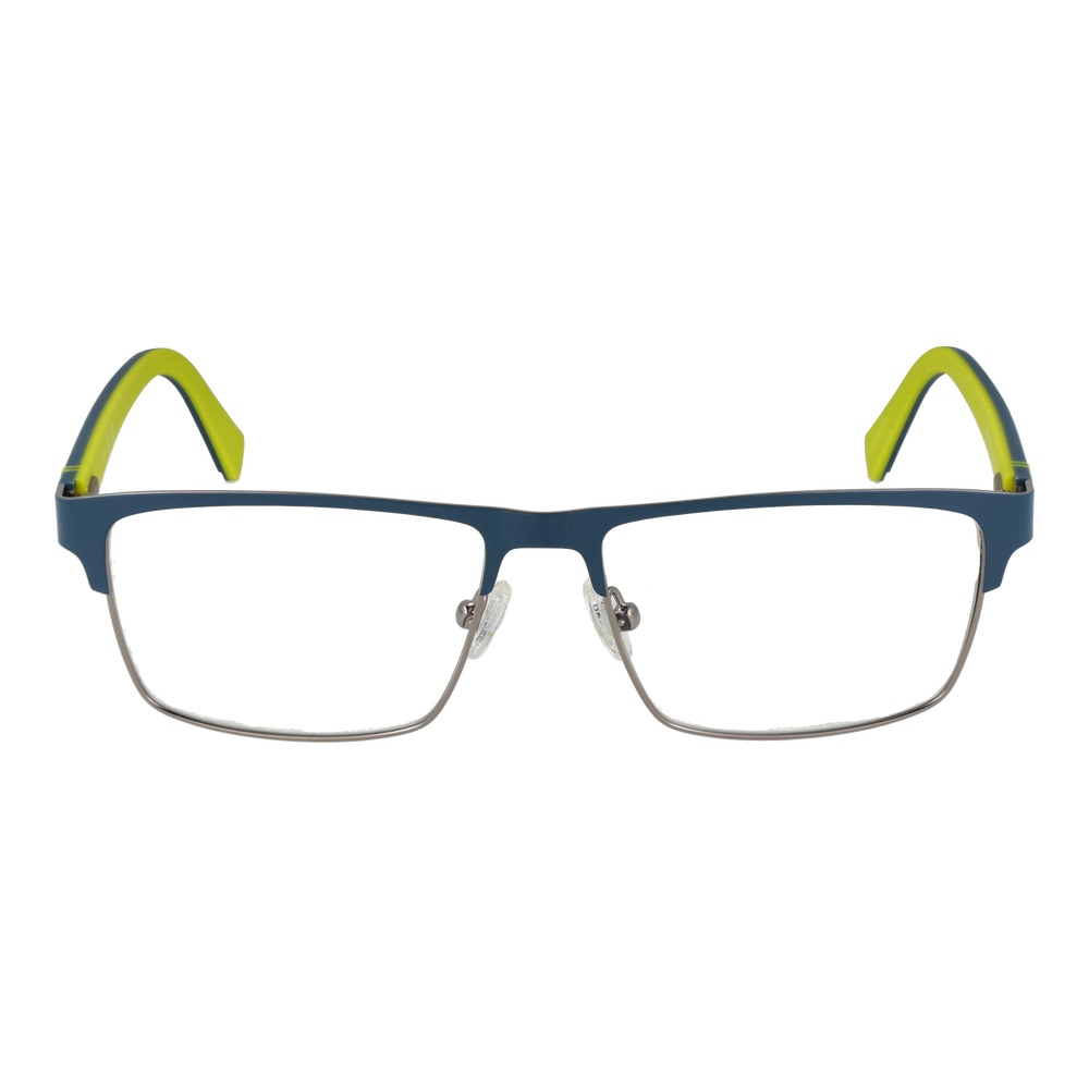 Blue rectangular eyeglasses with lime-green two-tone temples, silver metal frame, adjustable nose pads
