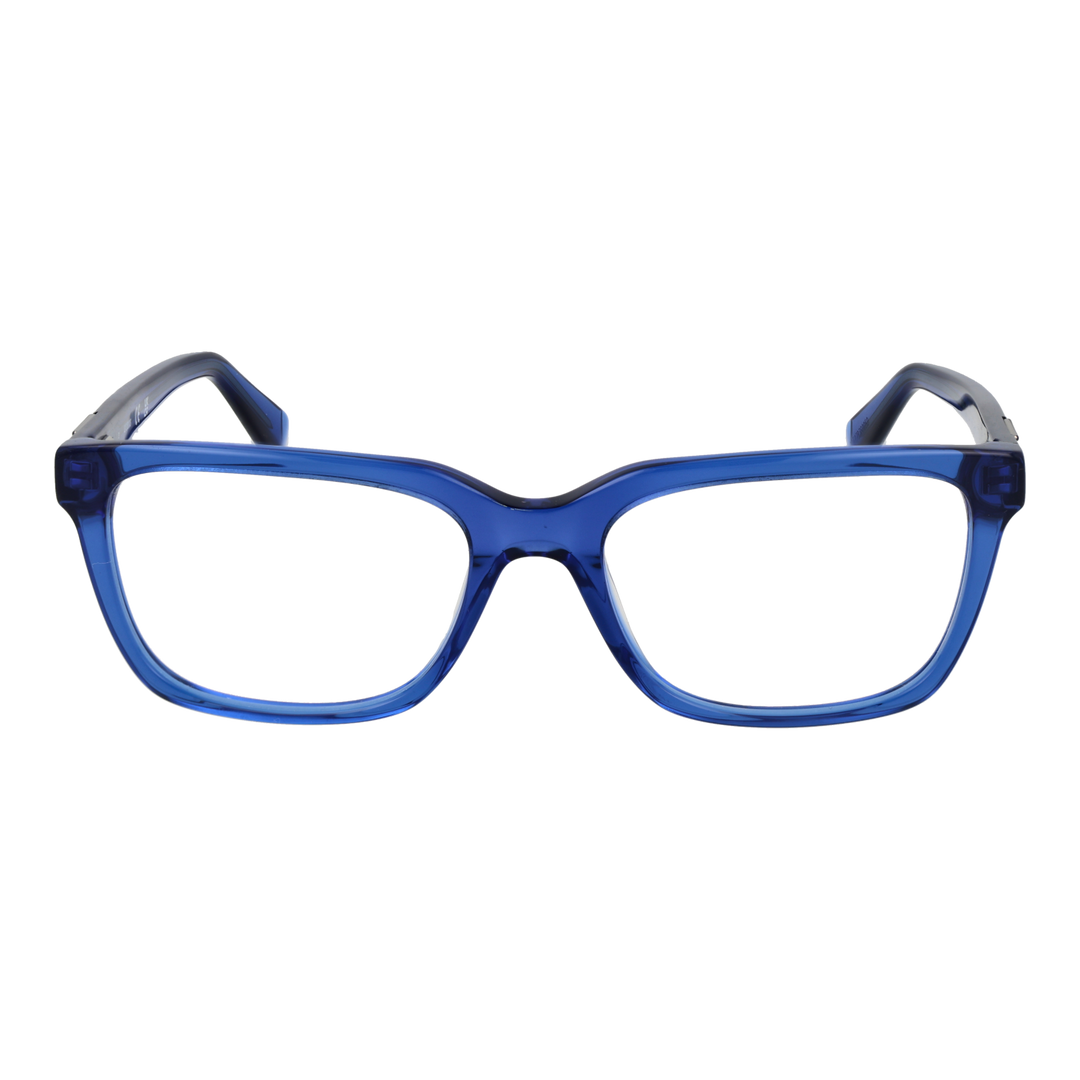 Transparent blue full-rim rectangular eyeglasses with metal logo on temples, Unisex design