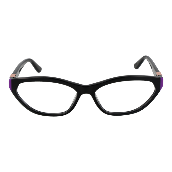 Black cat-eye eyeglasses for Women with purple accents and rose gold logo on temples
