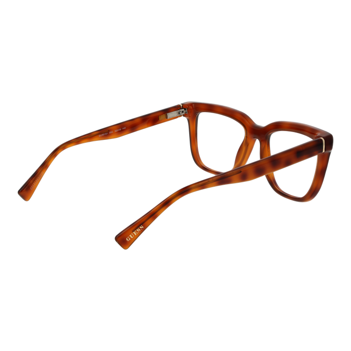 Brown tortoiseshell square eyeglasses with thick frame and patterned temples, front view on neutral background