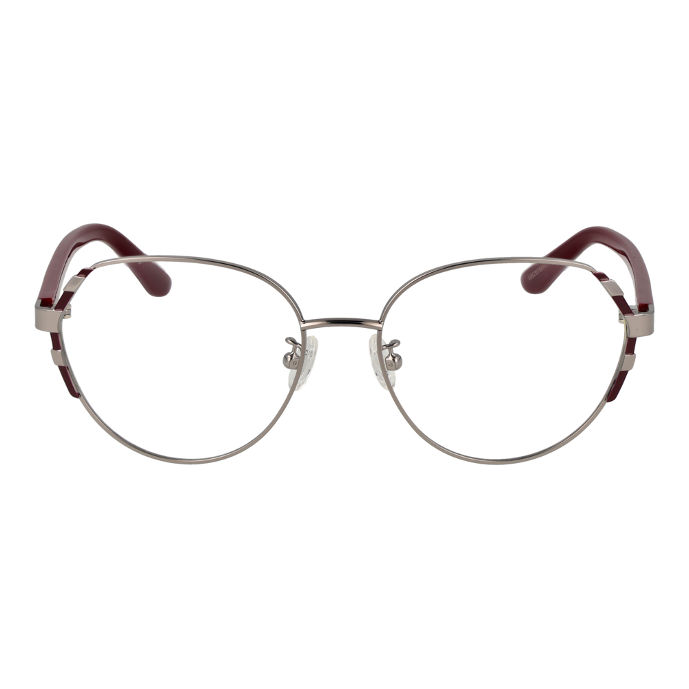 Unisex silver round eyeglasses with thin metal frame and dark red acetate temple tips, adjustable nose pads
