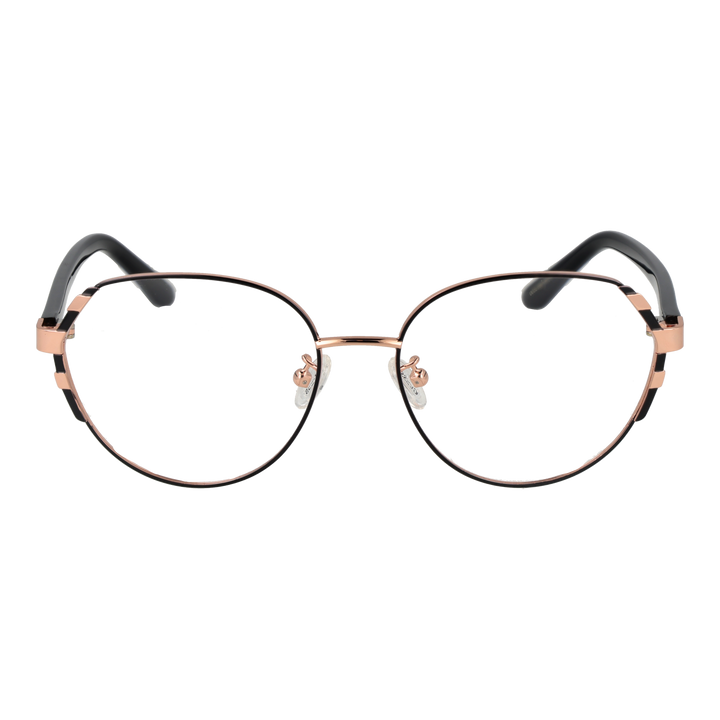 Rose gold thin metal round eyeglasses with black plastic temple tips on white background, minimalist modern design