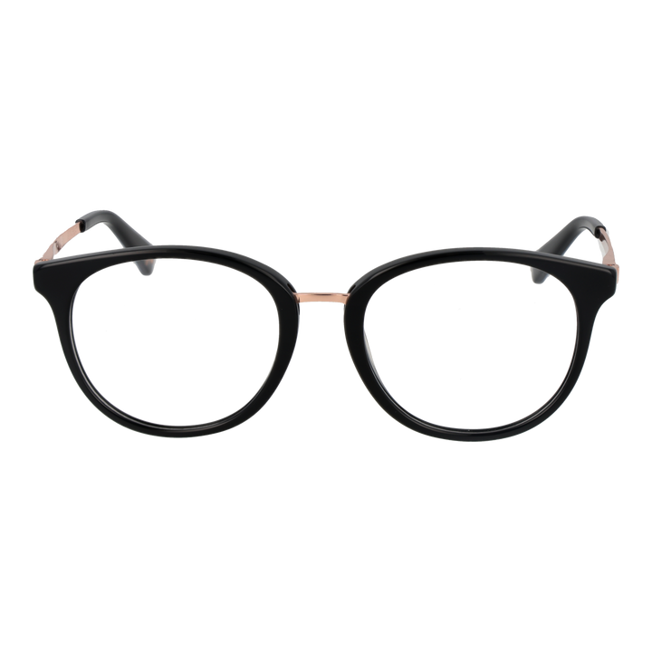 Unisex black and rose-gold round eyeglasses with thin metal temples and plastic temple tips on white background