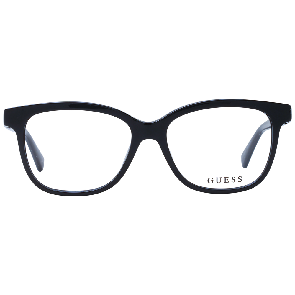 Unisex black plastic rectangular eyeglasses with full-rim frame and logo on temple, front three-quarter view