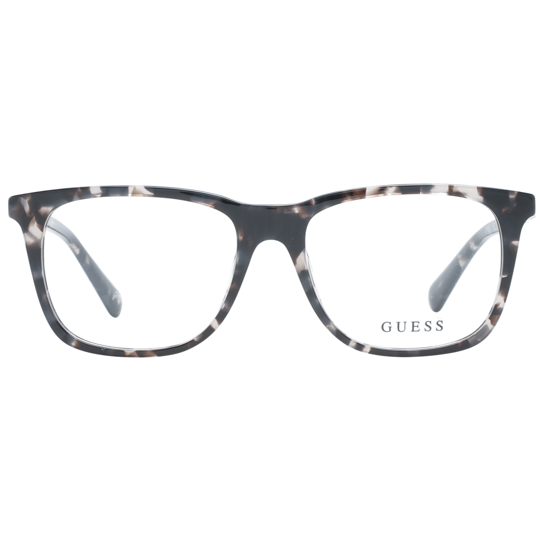 Unisex tortoiseshell full-rim rectangular eyeglasses in black, grey and white pattern with visible logo on temple