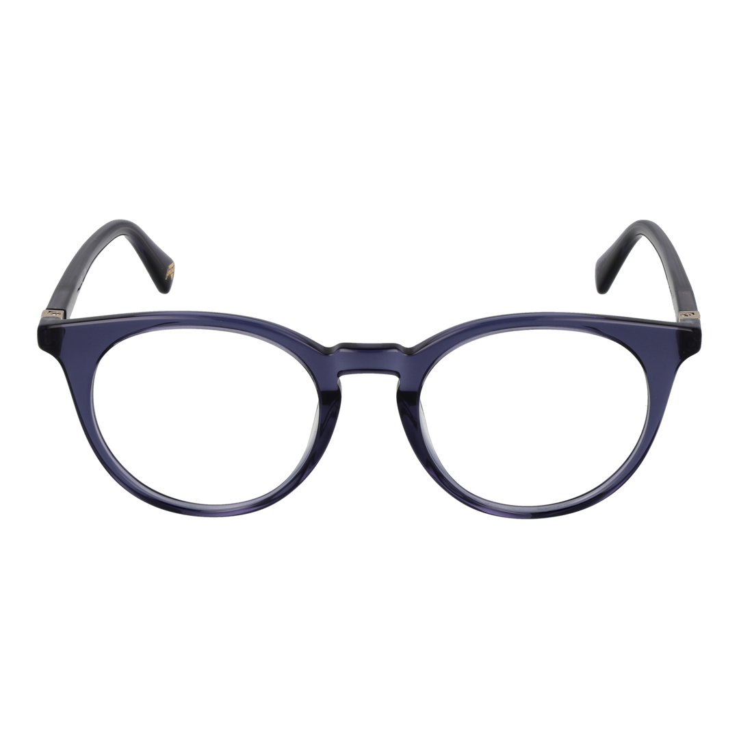 Transparent dark-blue round eyeglasses with metallic temple accents, plastic frame, modern Women’s optical style