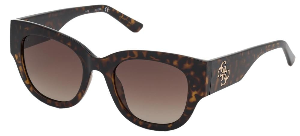 Tortoiseshell cat-eye sunglasses with gradient lenses and logo temple, black folded leather case, cleaning cloth