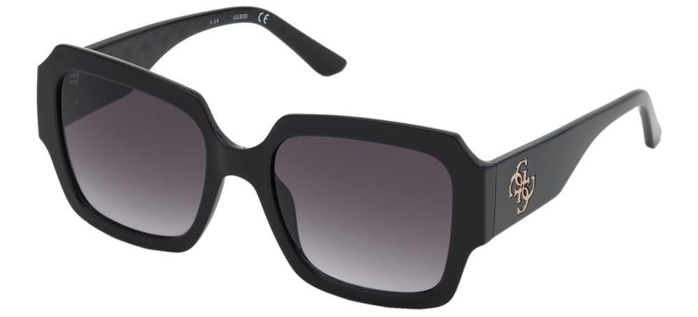 Black and red square sunglasses with gradient lenses and logo emblem on temple, shown with case and cloth