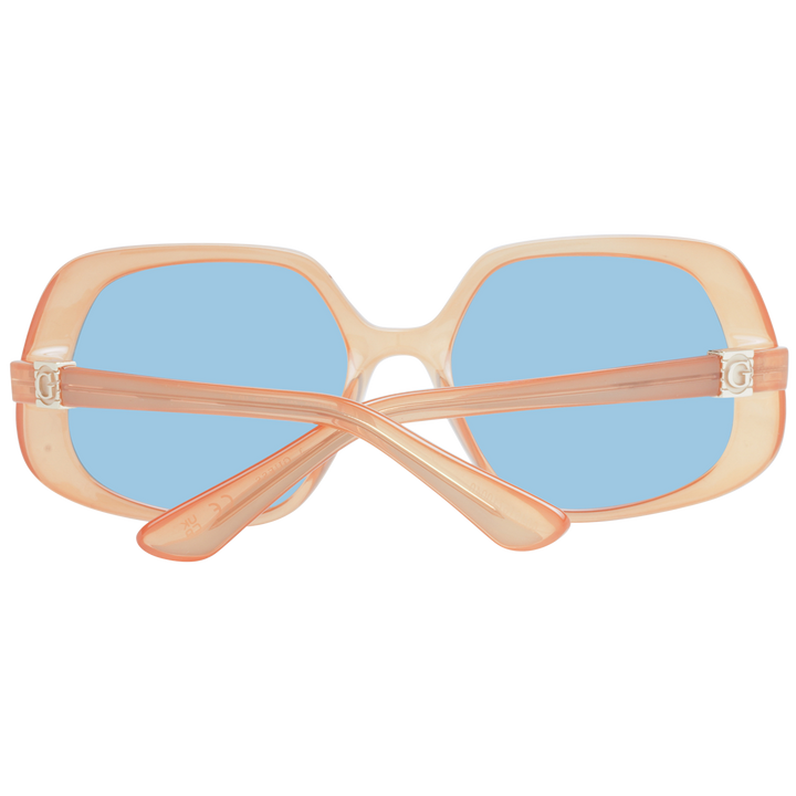 Transparent peach and blue square sunglasses on white background with metal &