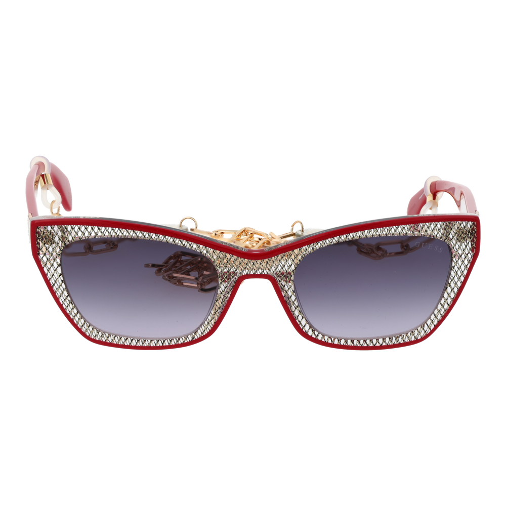 Red and black textured cat-eye sunglasses with gradient grey lenses and decorative gold chain over a neutral background